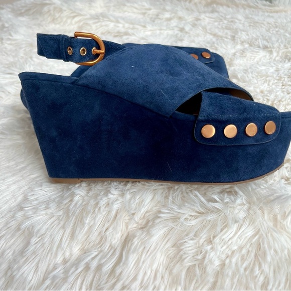 Marc Fisher Shoes - Marc Fisher Wedge Sandal  Navy Blue Suede Leather Gold Details Size 10
